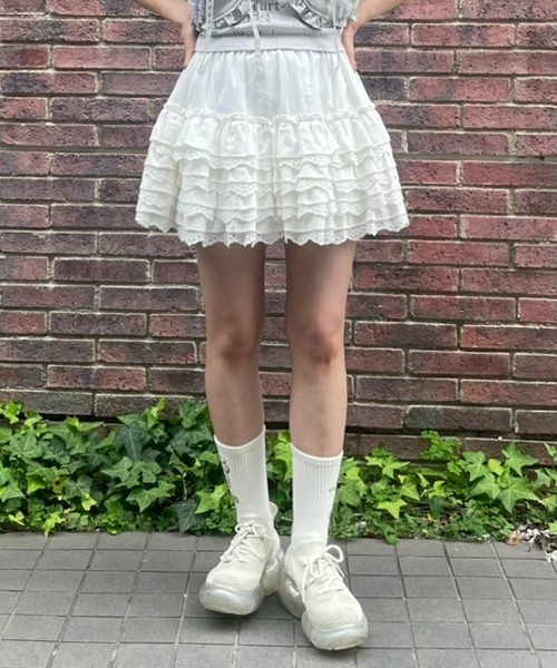 シャーリングコットンレースミニスカート