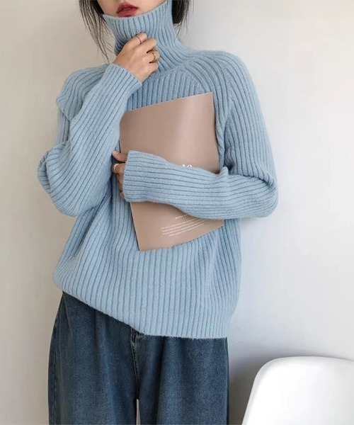 ニット セーター 厚手リブ編みハイネックニット レディース : ZOZOTOWN