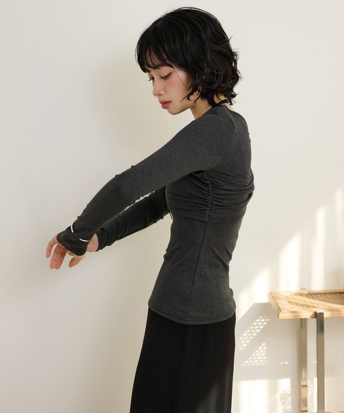 tシャツ asymmetry gather tops /アシンメトリーギャザーストレッチ