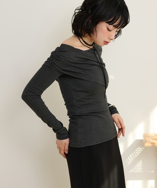tシャツ asymmetry gather tops /アシンメトリーギャザーストレッチ