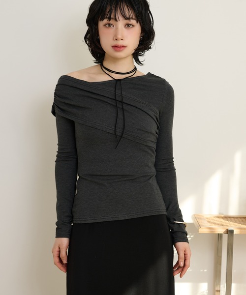 tシャツ asymmetry gather tops /アシンメトリーギャザーストレッチ