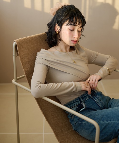tシャツ asymmetry gather tops /アシンメトリーギャザーストレッチ