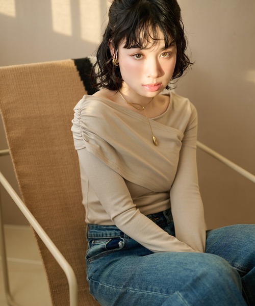 tシャツ asymmetry gather tops /アシンメトリーギャザーストレッチ