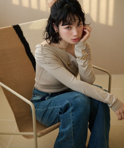 Y's 18SS アシンメトリー ジップ 長袖カットソー tシャツ asymmetry gather tops /アシンメトリーギャザーストレッチ