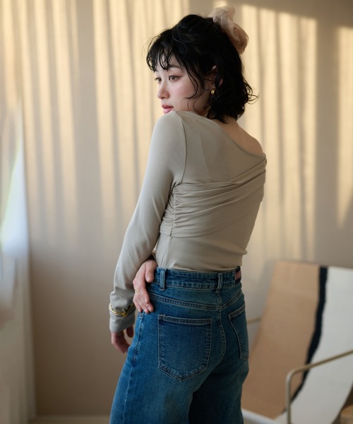 tシャツ asymmetry gather tops /アシンメトリーギャザーストレッチ
