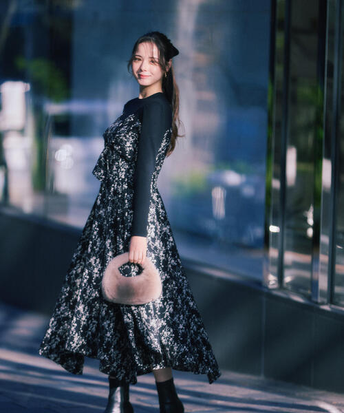 美品♡コルコバード　ボウタイマキシワンピース　総柄　長袖　ブラック×ブルー　S 中古・古着通販】CORCOVADO (コルコバード) ボウタイマキシワンピース