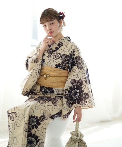 浴衣 手染め注染浴衣3点セット utatane×注染工房 先染めベージュに紫 