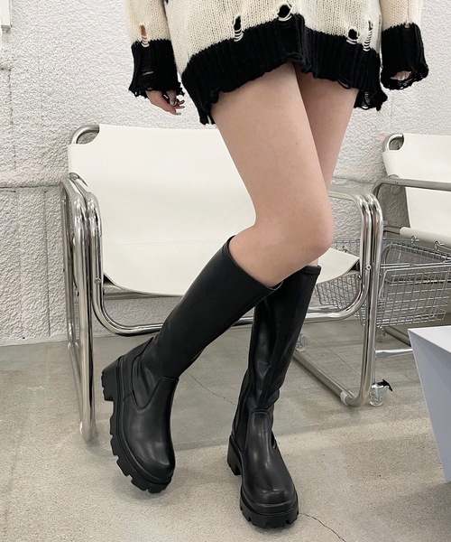 shopnikoniko ブーツ トラックソール 厚底 ロングブーツ 合成皮革