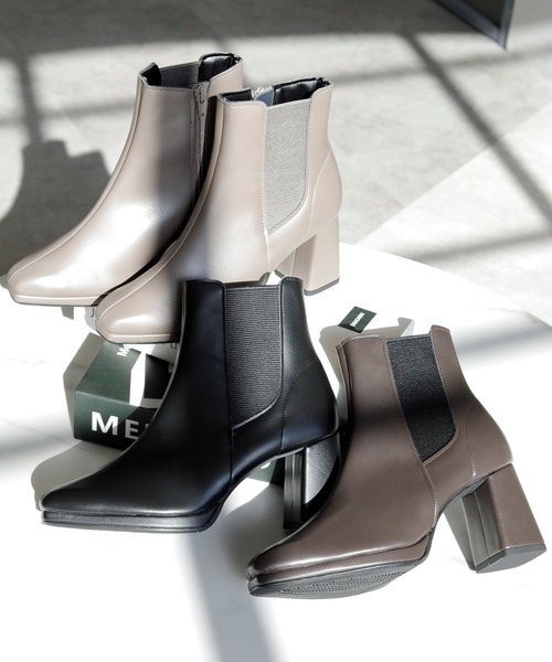 ブーツ 晴雨兼用 スクエアトゥ サイドゴア ショートブーツ「日本製