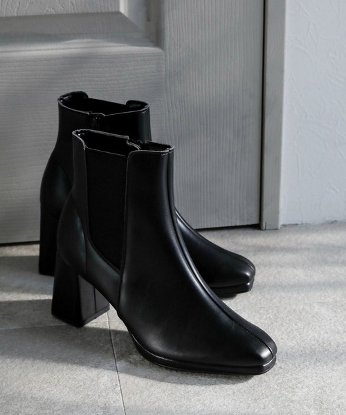 ブーツ 晴雨兼用 スクエアトゥ サイドゴア ショートブーツ「日本製