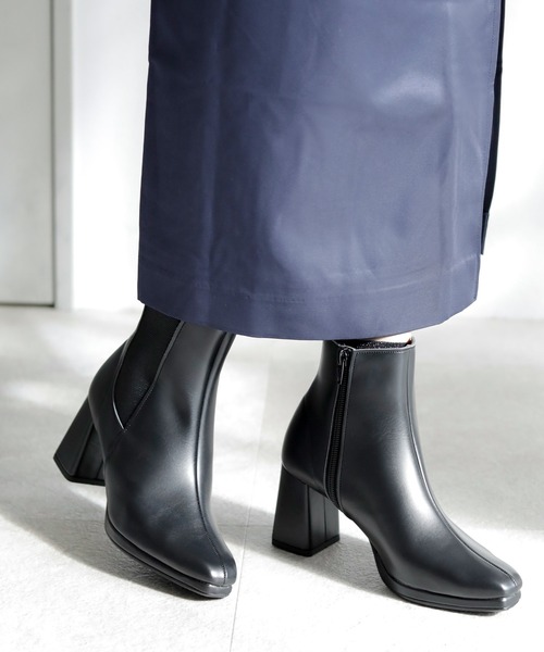 ブーツ 晴雨兼用 スクエアトゥ サイドゴア ショートブーツ「日本製