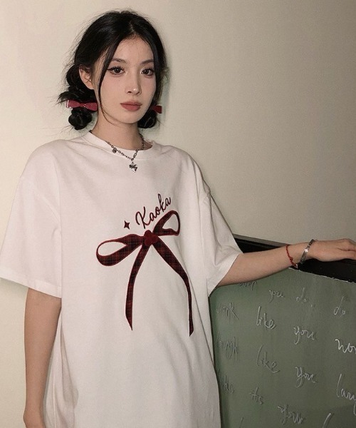 DIAVEL tシャツ 半袖 韓国風 リボンデザイン半袖ビッグTシャツ