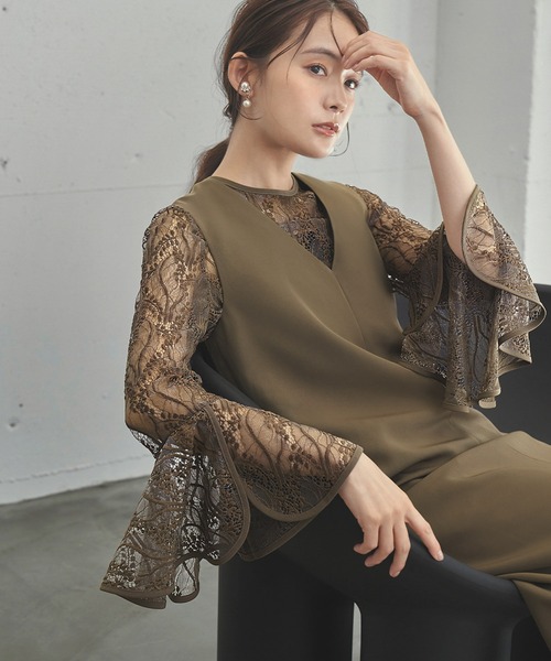 フレアスリーブレースブラウス・Iラインワンピースセット GIRL DRESS FOR NOW ドレス 「2WAY 着回しを楽しめる」フレア