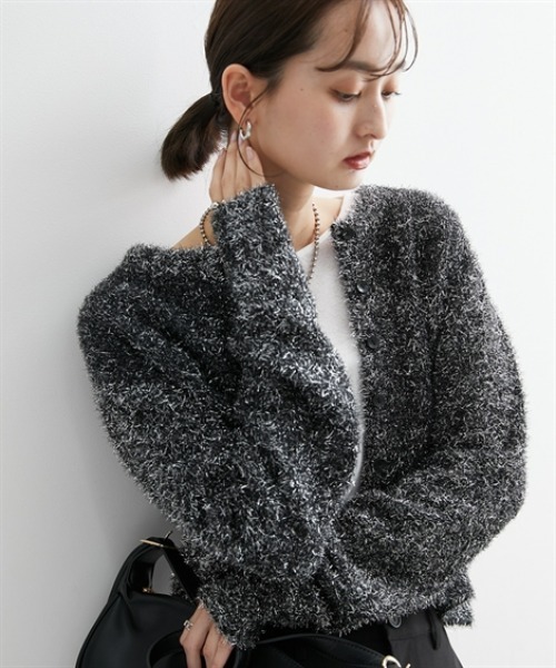 カーディガン レディース ラメ ニット クルーネック ショート 丈 冬  羽織り S/M/L ニッセン nissen ニッセン カーディガン ラメニットクルーネックショート丈