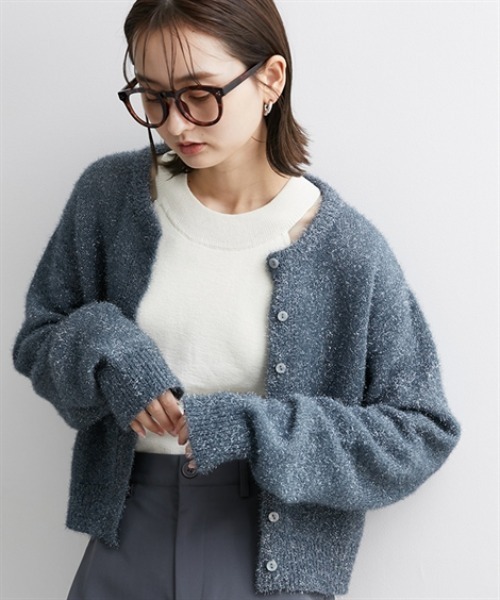 カーディガン レディース ラメ ニット クルーネック ショート 丈 冬  羽織り S/M/L ニッセン nissen ニッセン カーディガン レディース ラメ ニット クルーネック