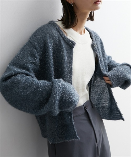 カーディガン レディース ラメ ニット クルーネック ショート 丈 冬  羽織り S/M/L ニッセン nissen ニッセン カーディガン ラメニットクルーネックショート丈