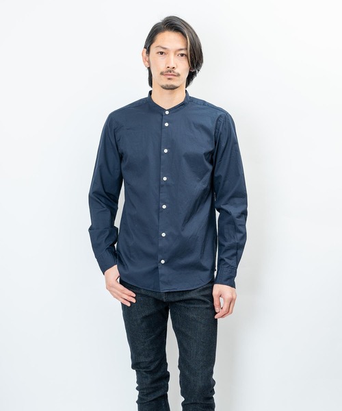 美品 プランテーション シワ加工 ノーカラーシャツ ストライプ コットン 日本製 無印のノーカラーストライプ・シャツ - itemmms (アイテムス)