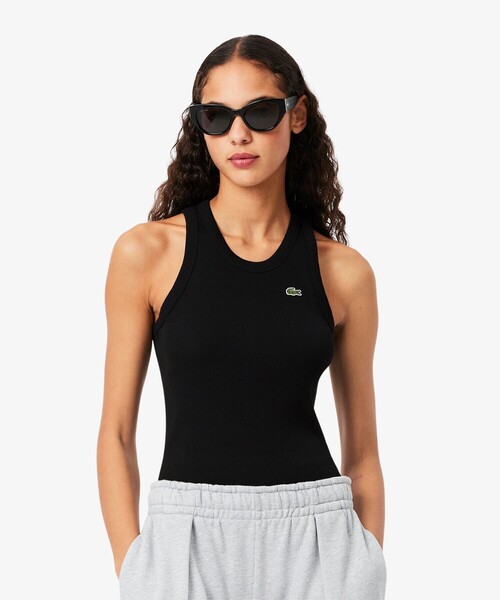 タンクトップ ノースリーブ ワンポイントロゴ エッセンシャルリブニットタンクトップ レディース LACOSTE タンクトップ ノースリーブ ワンポイントロゴ