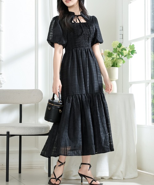 Lace Ladies ワンピース シアー タータンチェック パフスリーブ