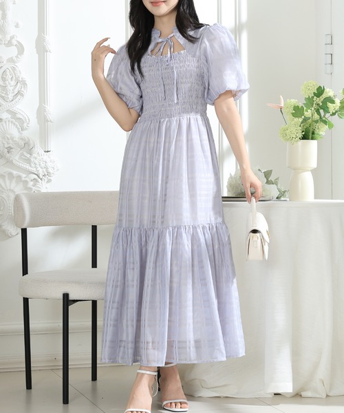 Lace Ladies ワンピース シアー タータンチェック パフスリーブ