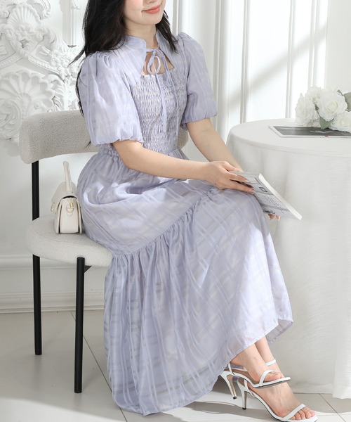 Lace Ladies ワンピース シアー タータンチェック パフスリーブ
