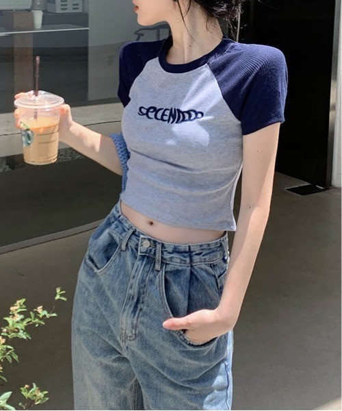 Yushokobayashiリメイク半袖Tシャツ バイカラー tシャツ 半袖 バイカラーロゴショート丈Tシャツ レディース : ZOZOTOWN