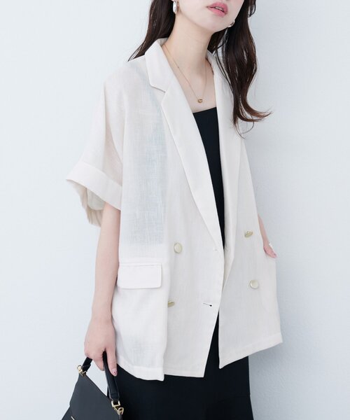 【7/8まで一時限定お値下げ】アイボリー 袖口ロールUP綿麻シアージャケット natural couture ジャケット テーラードジャケット 袖口ロールUP