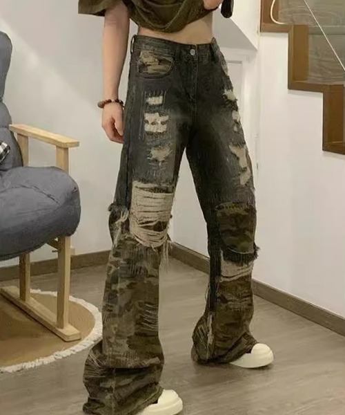 カモフラージュ フレア デニムパンツ　ボトムス 迷彩 ジーパン Emmy カモフラージュフレアデニムパンツ y2k 迷彩 emmy ザラ