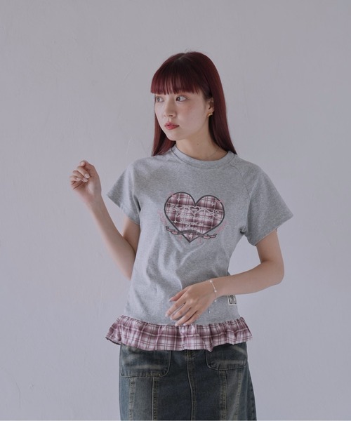 Uenui tシャツ 「 cunii 」 チェックハートフリルTシャツ レディース 