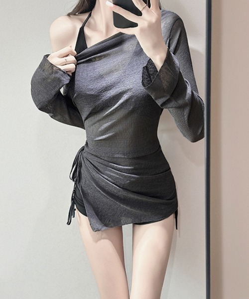 【お買い得】大人気！ラッシュ3点セット 水着 オフショルダー長袖トップス+スポーツパンツビキニ 3点