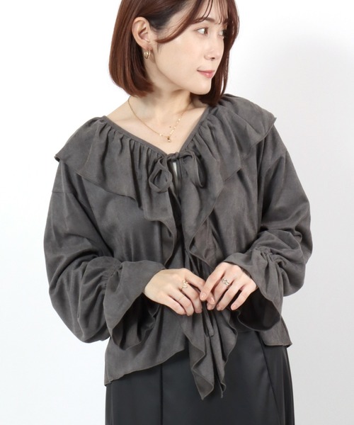 カーディガン ラッフルフリル襟 ダブルリボン カットスエードブラウス