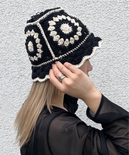 みて◎えん帽◎黒◎帽子◎mite 帽子 ハット レディース 「HIKA」かぎ編み柄ニットHAT メンズ