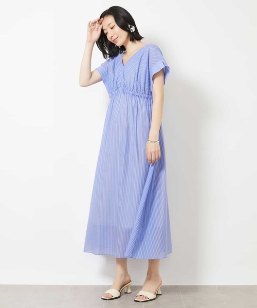 ✨美品　シルク✨23区　ワンピース　ストライプ　白　XL B6618□23区 ストライプ柄 シルク100％ Vネック ワンピース 44