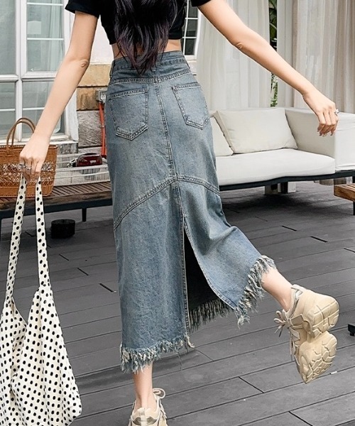 Levi`s リメイク フリンジ デニムロングスカート ヴィンテージ XL程 デニムスカート fringe stitch denim long skirt /フリンジパターン