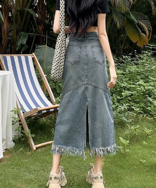 LADY LIKE（レディライク） デニムスカート 切替えデザイン裾フリンジ