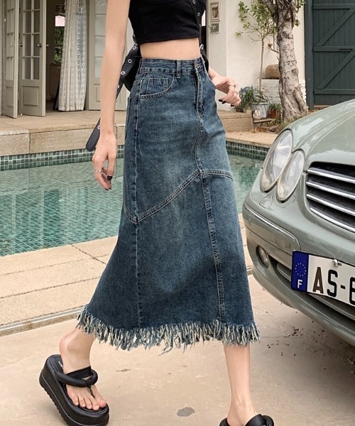 新品タグ付き♡ LASUDデニムプリント切り替えスカート LASUDのデニムスカートの商品一覧｜ファッション通販のYAMADAYA STORE