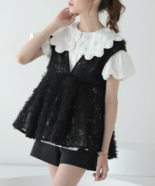 MERAKI（ファッション） ベスト ジレ Vネックチュールフリル