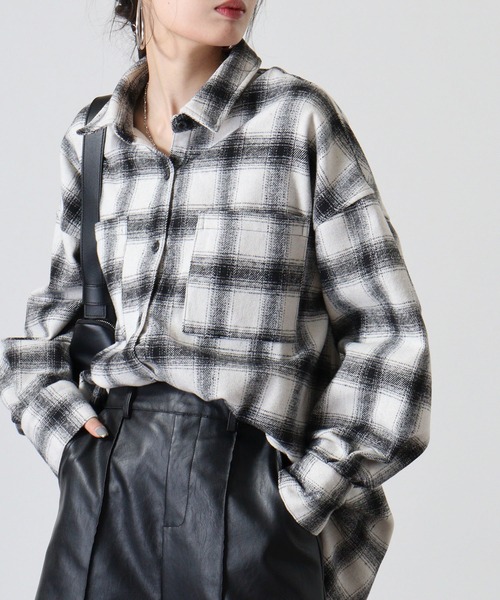 ブラウス シャツ 起毛チェックロングシャツ レディース