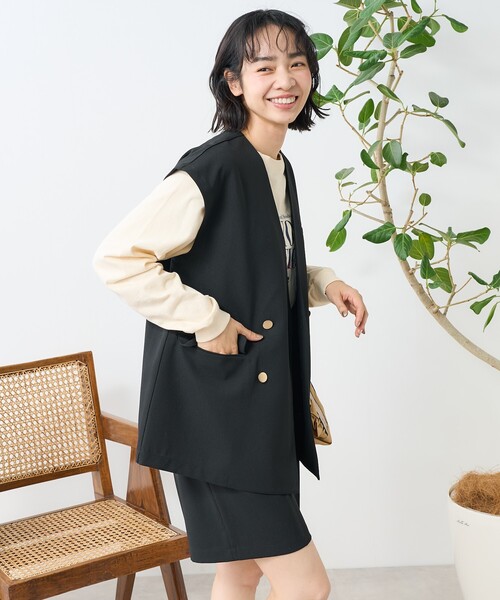 ベスト ジレ 「夏に快適・セットアップ対応」撥水加工・接触冷感 ノーカラーシンプルベスト レディース ROPE' PICNIC ベスト ジレ ブライトシリーズ/ノーカラーベスト