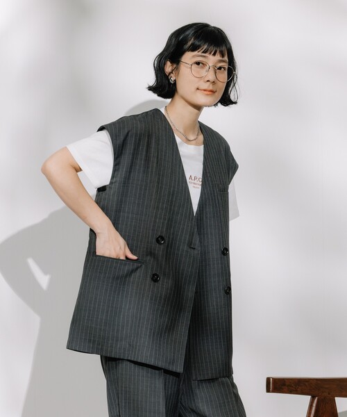 ベスト ジレ 「洗える/ストレッチ/UVカット」麻調ストレッチダブルジレ レディース セットアップ可/イージーケア/UVカット】シワになりにくい