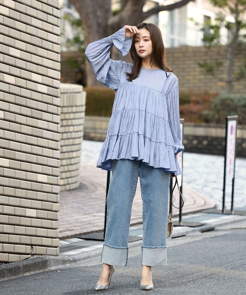 ELFRANK ブラウス シャツ シワ加工ティアードチュニックブラウス