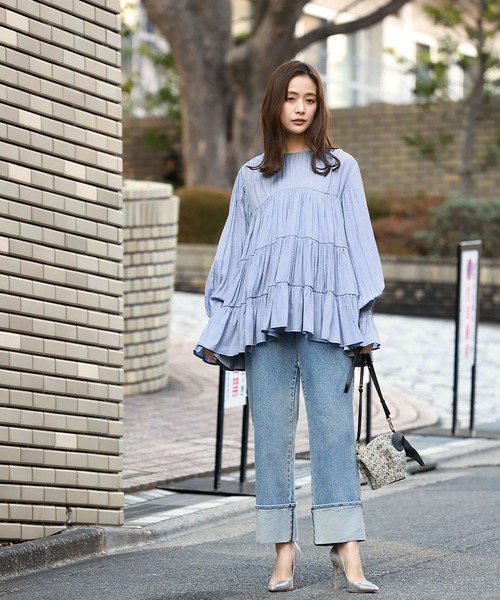 ELFRANK ブラウス シャツ シワ加工ティアードチュニックブラウス