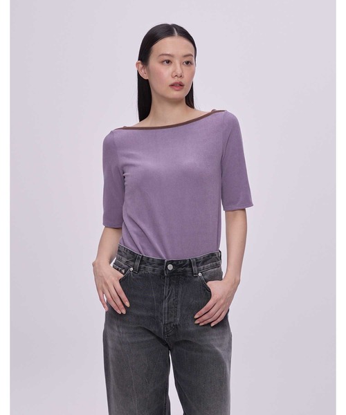 tシャツ カップ付きTシャツ　5分袖　ボートネック レディース