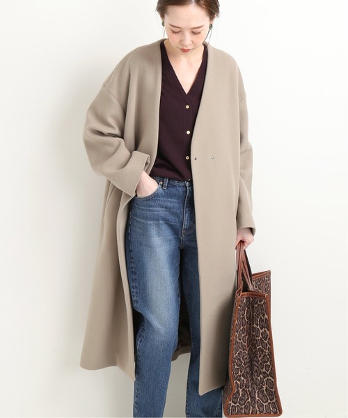 IENA ノーカラーコート wool 100% 34 イエナ IENA MANTECO ノーカラーコート アウター ロング 34 XS 紺