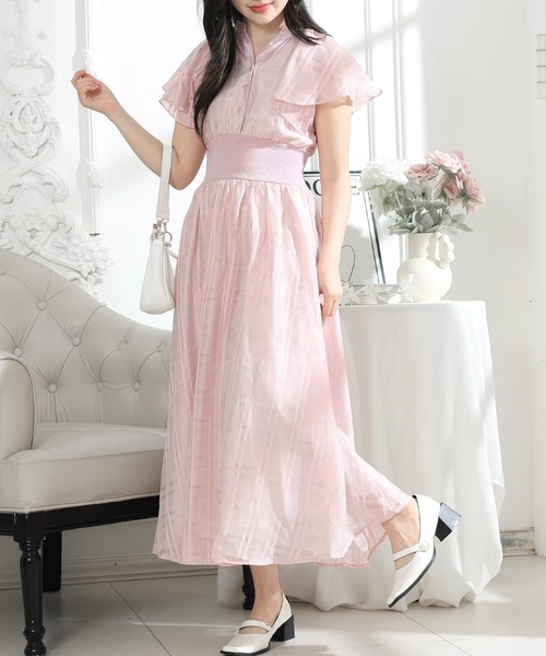Lace Ladies ワンピース シアー タータンチェック フレア袖