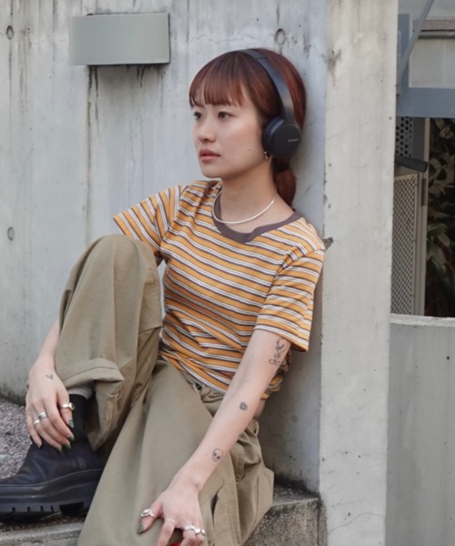 tシャツ マルチボーダーコンパクトTee レディース