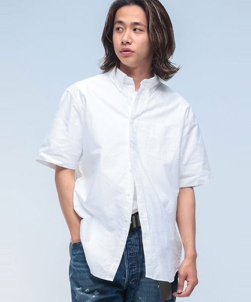 シャツ 半袖 CREW ナチュラルストレッチ ボタンダウン オックスシャツ