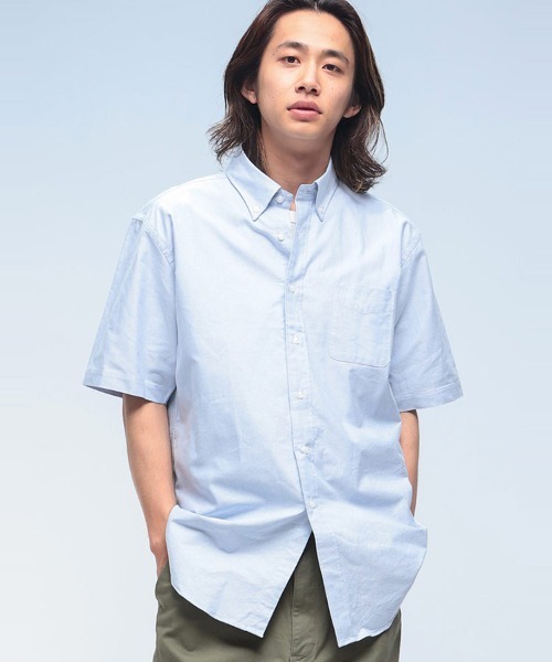 シャツ 半袖 CREW ナチュラルストレッチ ボタンダウン オックスシャツ