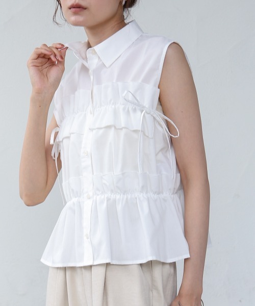 KAPITALキャピタル プリーツギャザー ノースリーブコットンリネン リボンブラウストップス【S(1)】【LTSA72156】 2017 SPRING & SUMMER | KAPITAL CLOTHING | KAPITAL