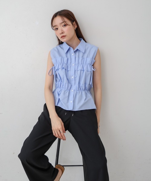 新品Max Mara ノースリーブ ブラウス ブルー リボン BAB（バブ） ブラウス シャツ 夏 リボンギャザーノースリーブブラウス